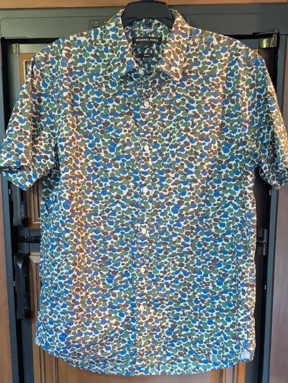 Michael Kors Short Sleeve Button-Down in Blue, Green & Brown Print Cotton